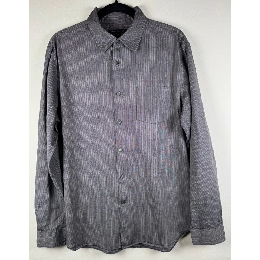 John Varvatos USA Striped Button Down Shirt Gray Burgundy Long Sleeve, Mens‎ M